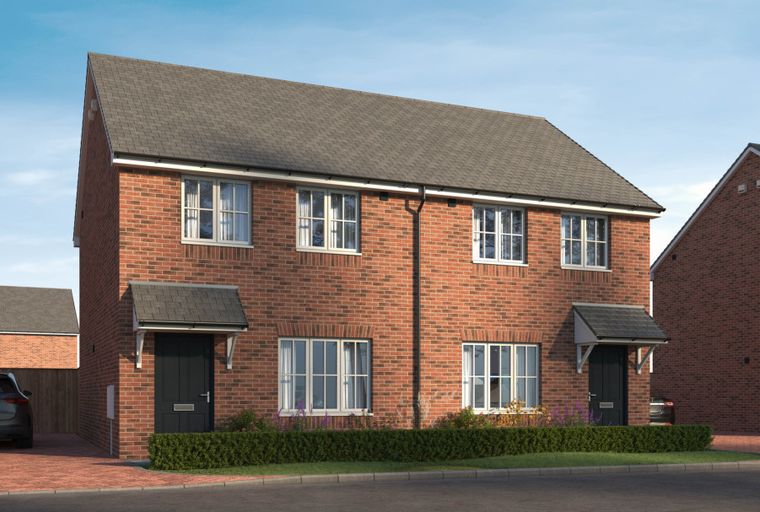A pair of semi-detached brick houses with dark grey doors and white-framed windows.