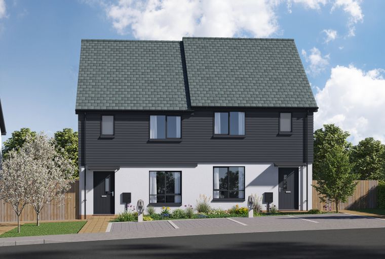 A pair of modern semi-detached houses with dark grey siding and white stucco exteriors, featuring driveways and landscaping.