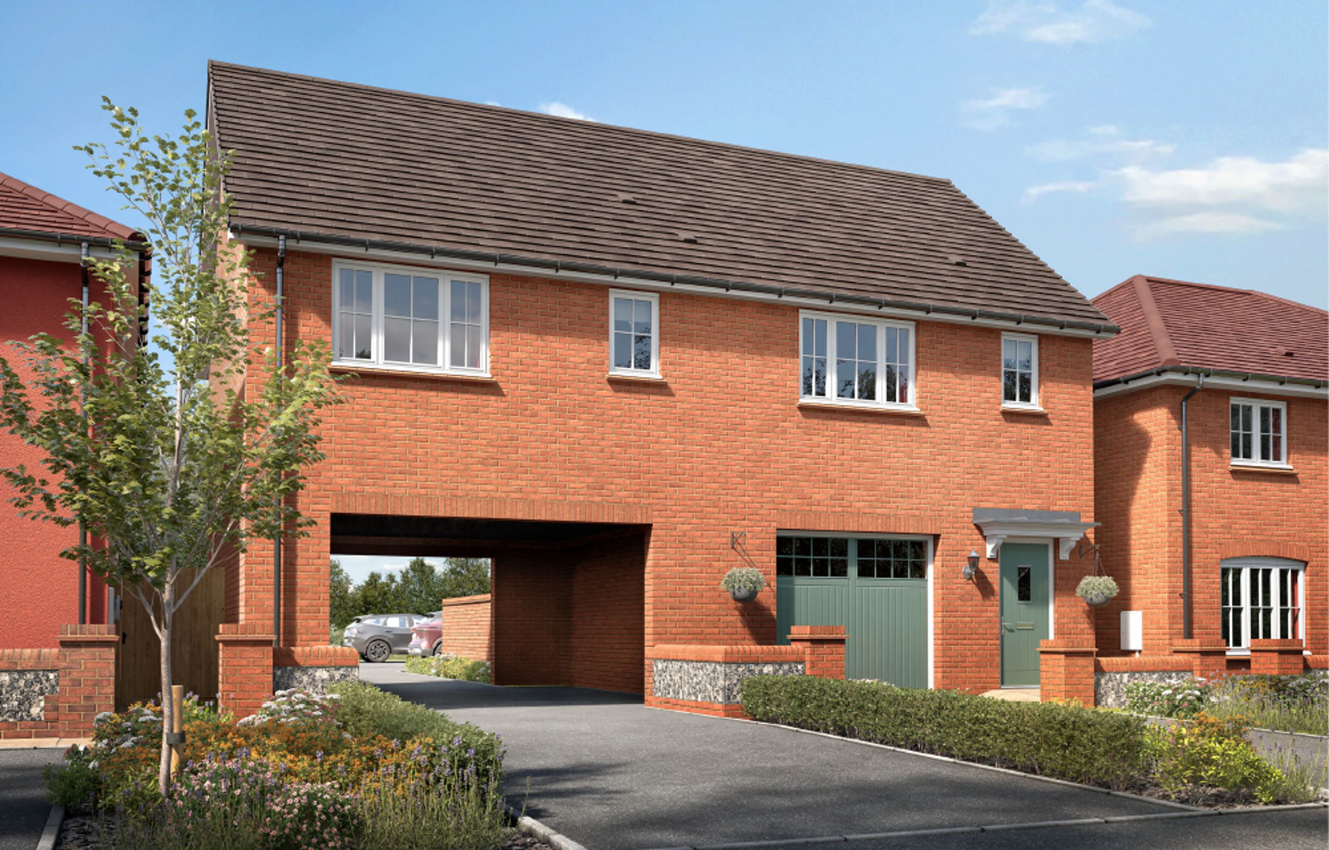 A brick house with a carport, garage, and front garden.