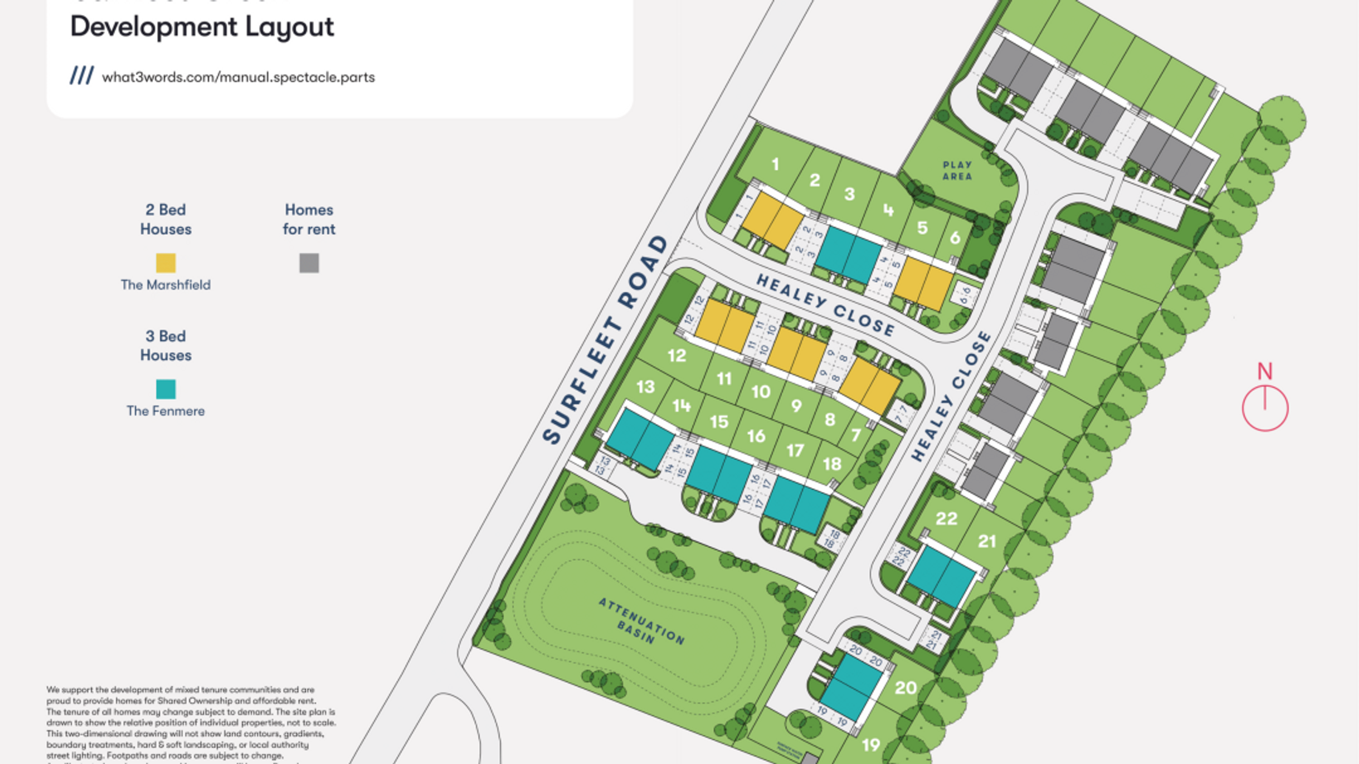 A site plan of a housing development showing numbered properties along Healey Close and Surfleet Road, with a play area and attenuation basin.